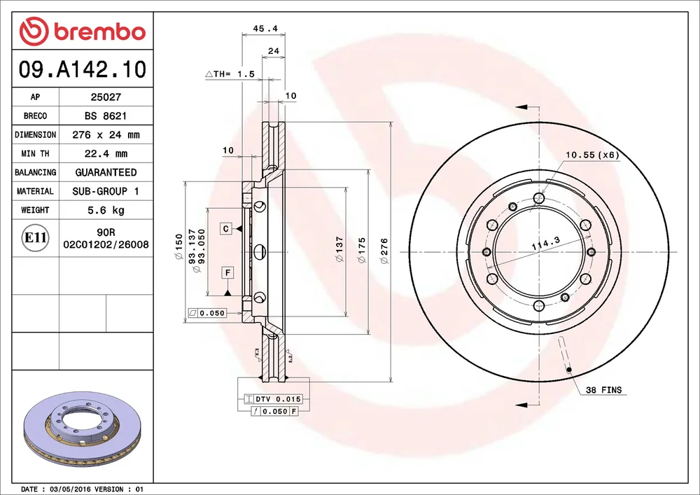 Brzdový kotouč BREMBO 09.A142.10 – OE MB895730
