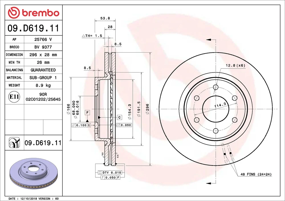 Brzdový kotouč BREMBO 09.D619.11 – OE 402064KJ1B