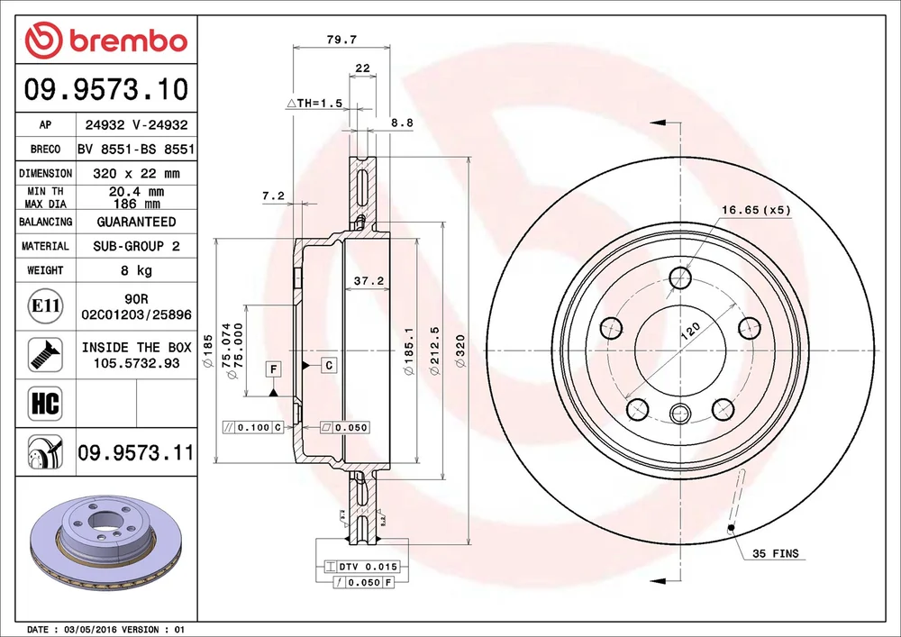 Brzdový kotouč BREMBO 09.9573.11 – OE 34213332217