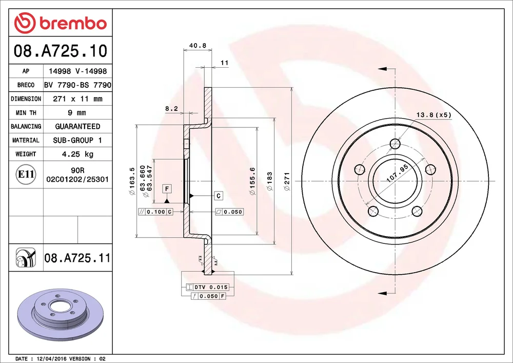 Brzdový kotouč BREMBO 08.A725.11