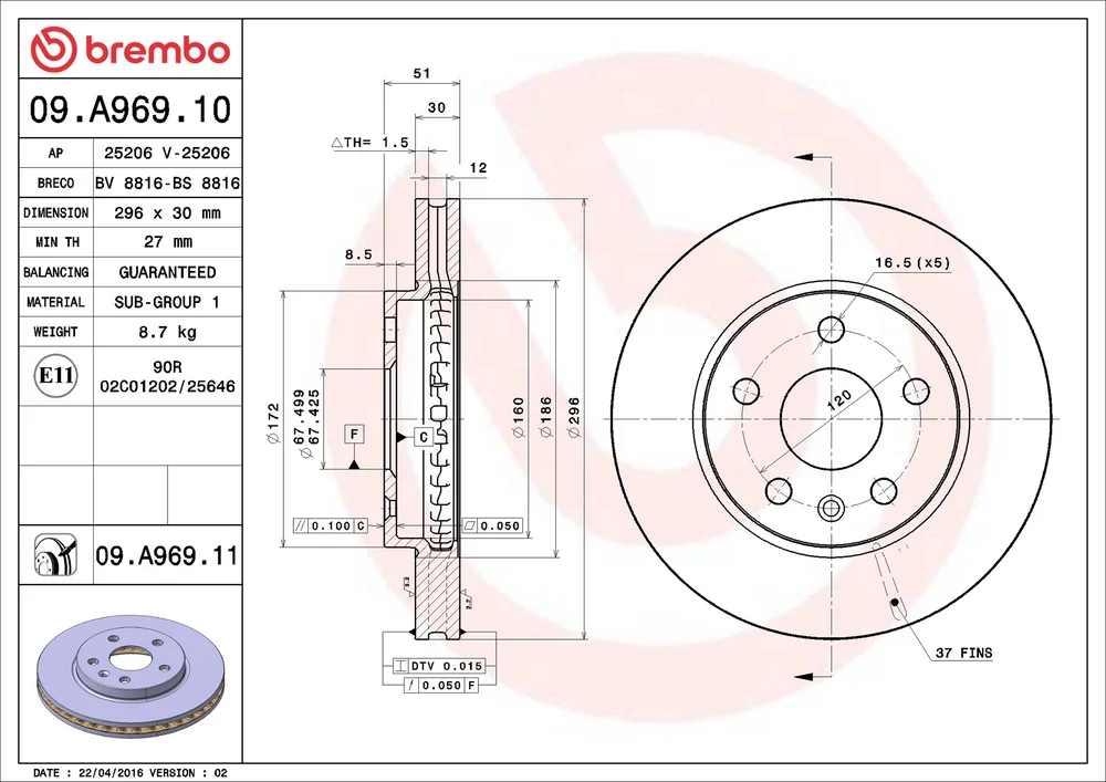 Brzdový kotouč BREMBO 09.A969.10