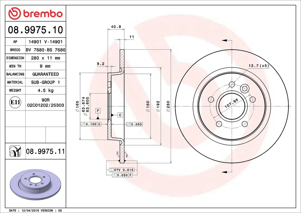 Brzdový kotouč BREMBO 08.9975.11
