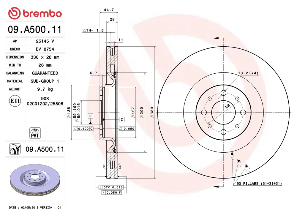 Brzdový kotouč BREMBO 09.A500.11 – OE 51827474