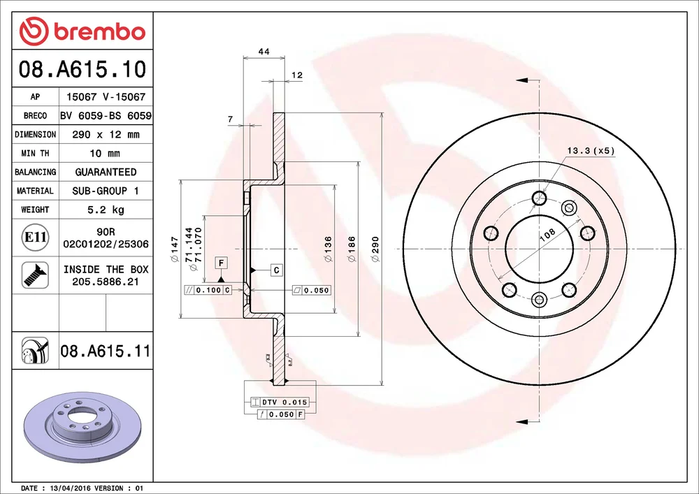 Brzdový kotouč BREMBO 08.A615.11