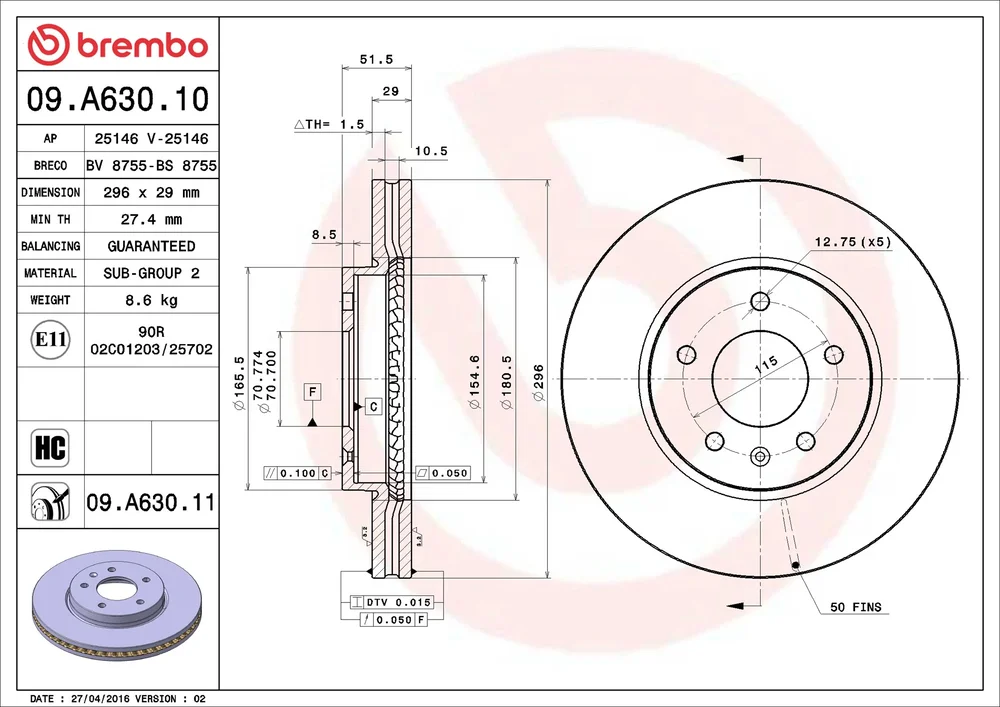Brzdový kotouč BREMBO 09.A630.10