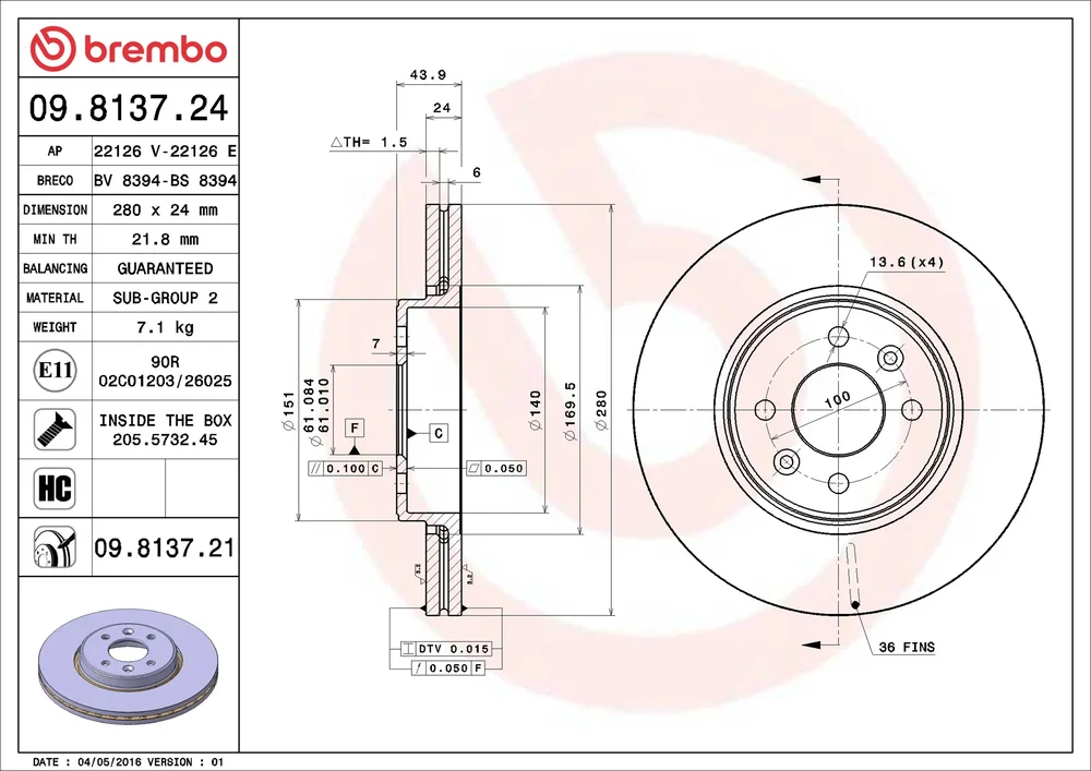 Brzdový kotouč BREMBO 09.8137.21