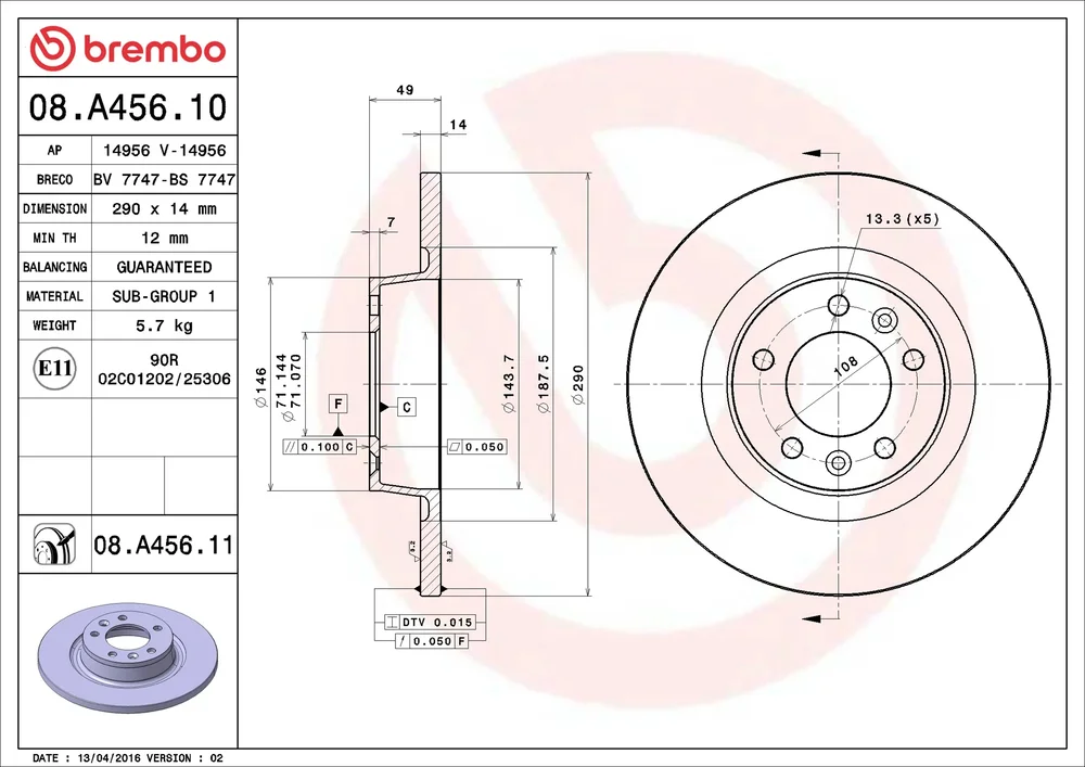 Brzdový kotouč BREMBO 08.A456.11