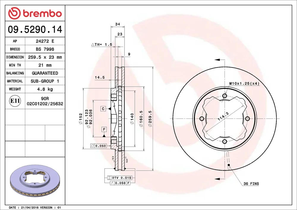 Brzdový kotouč BREMBO 09.5290.14 Brzdový kotouč BREMBO 09.5290.14