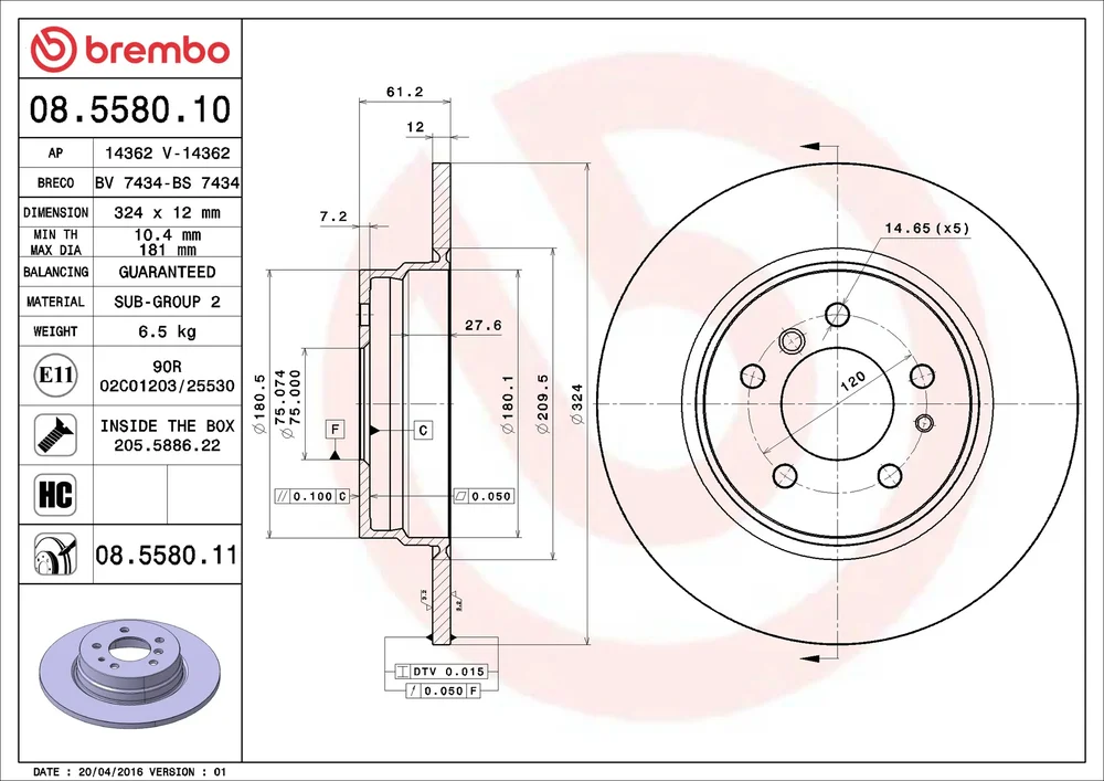 Brzdový kotouč BREMBO 08.5580.11