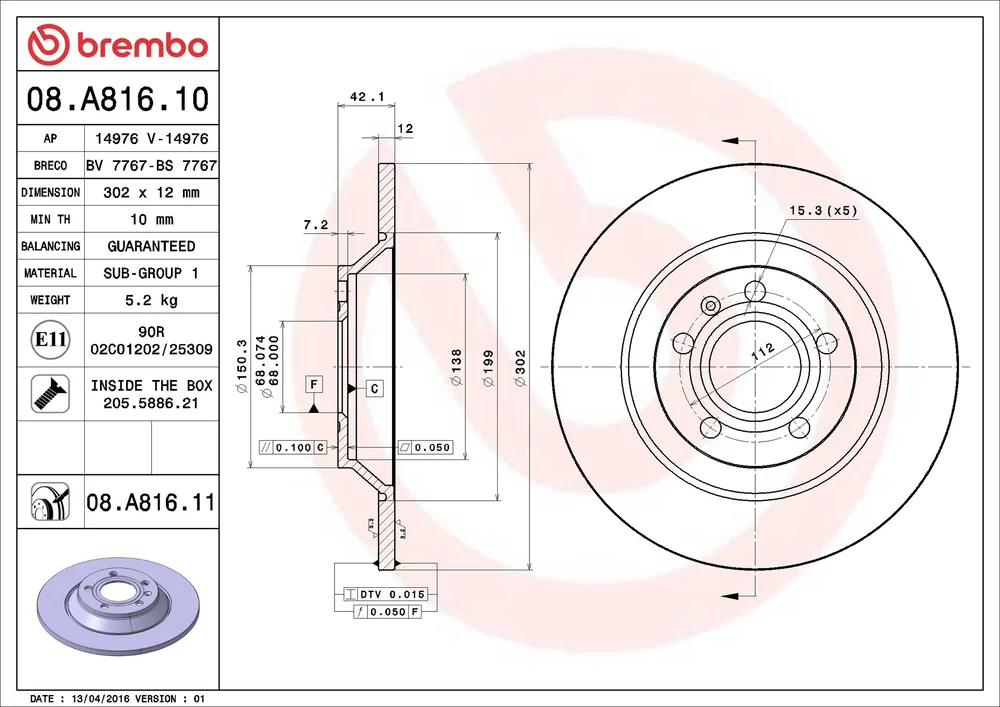 Brzdový kotouč BREMBO 08.A816.11 – OE 4F0615601G