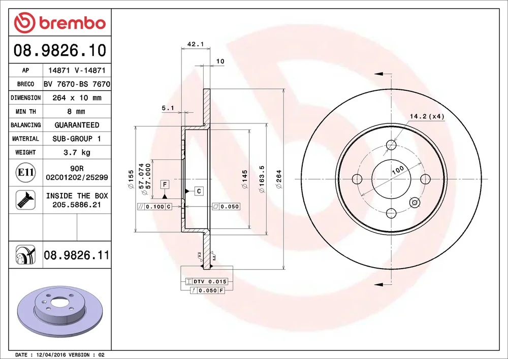 Brzdový kotouč BREMBO 08.9826.11