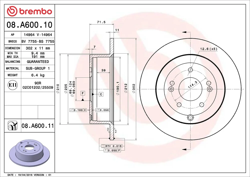 Brzdový kotouč BREMBO 08.A600.11